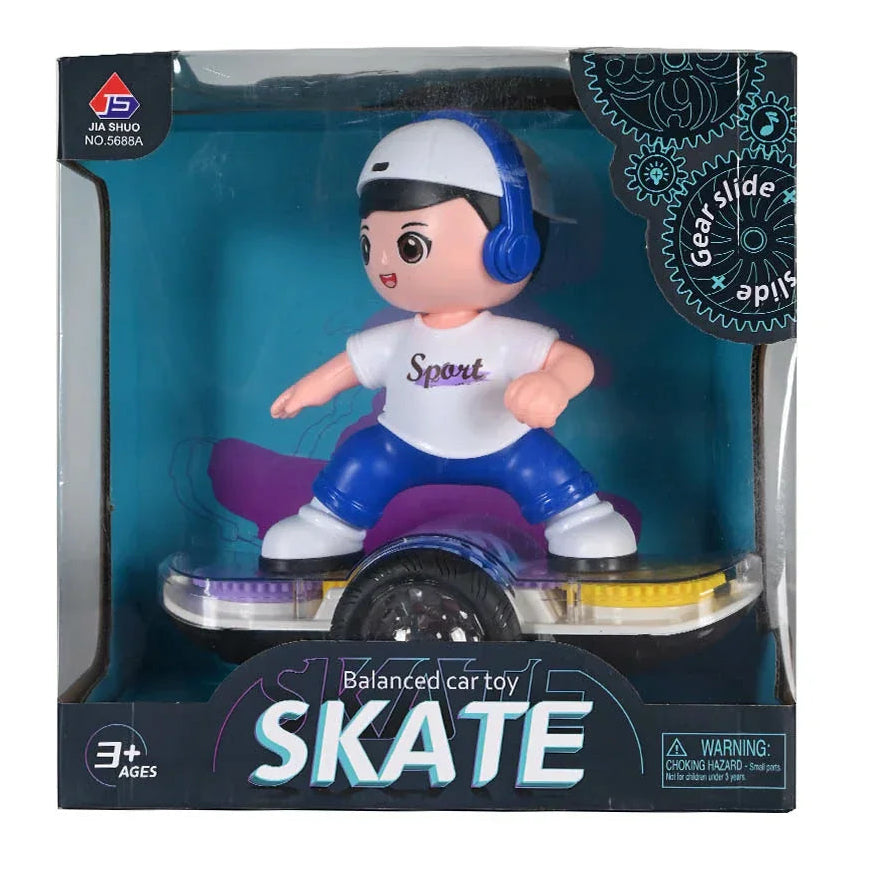 Toy figure of a person on a balanced car with packaging labeled 'Skate' on a white background