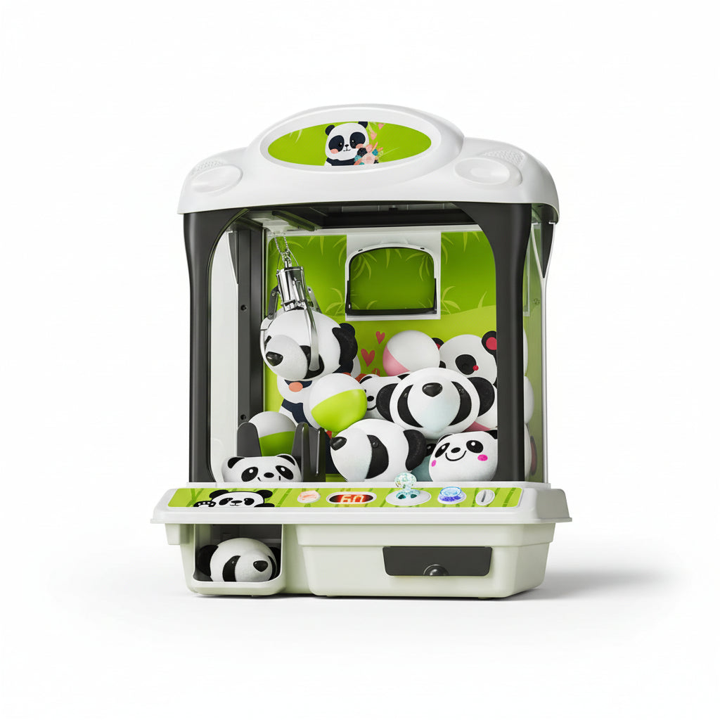 Graze machine with panda-themed toys on a grassy background