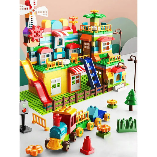 FEELO Duplo-Style House &amp; Train Building Blocks Set – 269 Pieces + Baseplate + 3 Figures (FL1642) Big Kids Construction Toy 3+