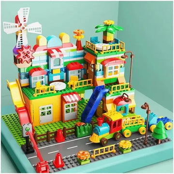 FEELO Duplo-Style House &amp; Train Building Blocks Set – 269 Pieces + Baseplate + 3 Figures (FL1642) Big Kids Construction Toy 3+