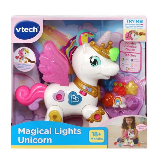 VTech Magical Lights Unicorn – Interactive Light-Up Unicorn with 7 Charms, English & French Learning + Music Mode (Age 1–4) |