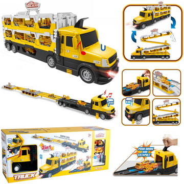 Deformation Folding Truck Race Track Toy – Catapult Transporter Truck Playset with Storage Cars