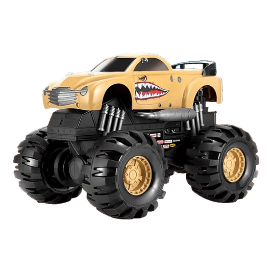 Toy monster truck with large black wheels on a transparent background