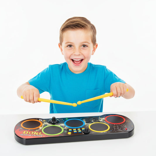 Children's drum pad with four colored drums and two drumsticks on a white background