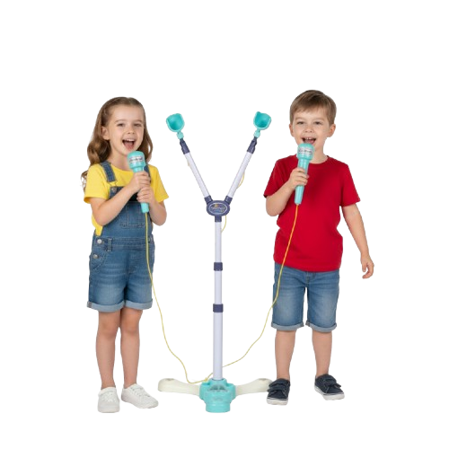 Kids Karaoke Microphone Stand Set – 2 Microphones, Adjustable 105cm, Lights & Sound Effects, Phone Connection (Age 3+)