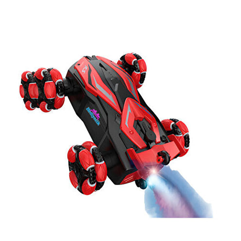 Red and black toy vehicle with glowing effect on a white background