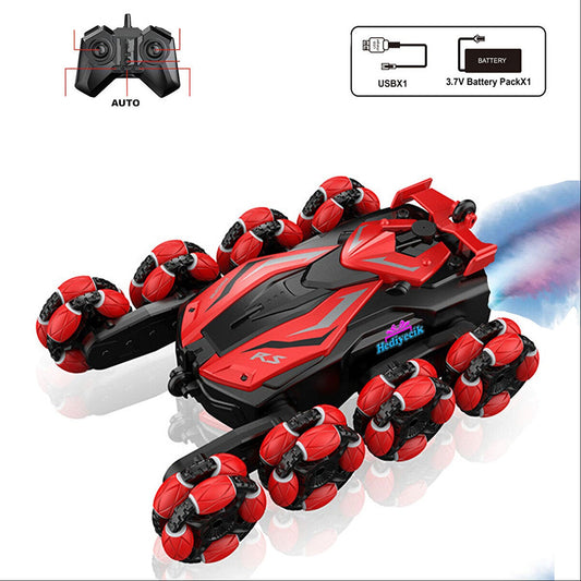 Red and black remote control stunt car with packaging and features displayed.
