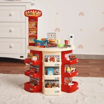 Kids Fast Food Restaurant Playset – Pretend Cooking &amp; Cash Register Set with Light &amp; Sound + Burgers, Fries, Drinks &amp; Accessories