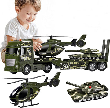 Military Transport Truck Toy Set with Tank & Helicopter – Light & Sound Army Vehicle Carrier for Kids