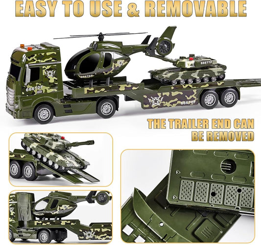 Military Transport Truck Toy Set with Tank & Helicopter – Light & Sound Army Vehicle Carrier for Kids