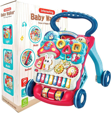 3-in-1 Baby Walker (Sit-to-Stand) – Musical Activity Walker with Removable Play Panel + Lockable Wheels + Storage Basket
