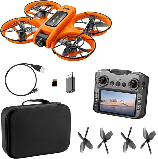 Orange drone with accessories including a remote control, battery, and case on a white background