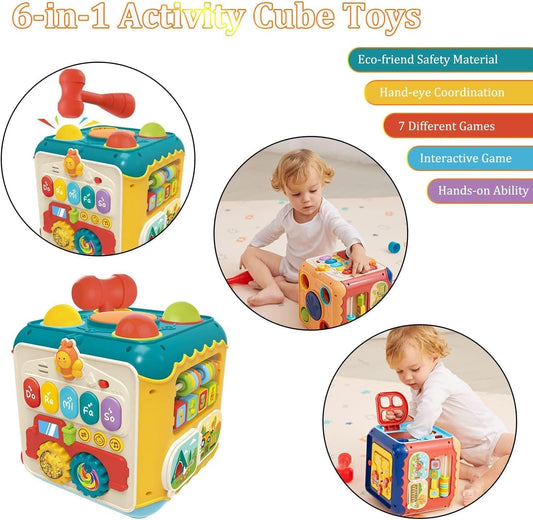 Baby Activity Cube – 6-in-1 Educational Toy with Music & Lights, Shape Sorter + Bead Maze + Piano + Whac-A-Mole (Age 18M+)