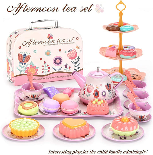 Princess Tea Party Set for Girls – Tin Carrying Case Pretend Tea Set with Desserts (Child-Size) | 25.4×10×18.5 cm