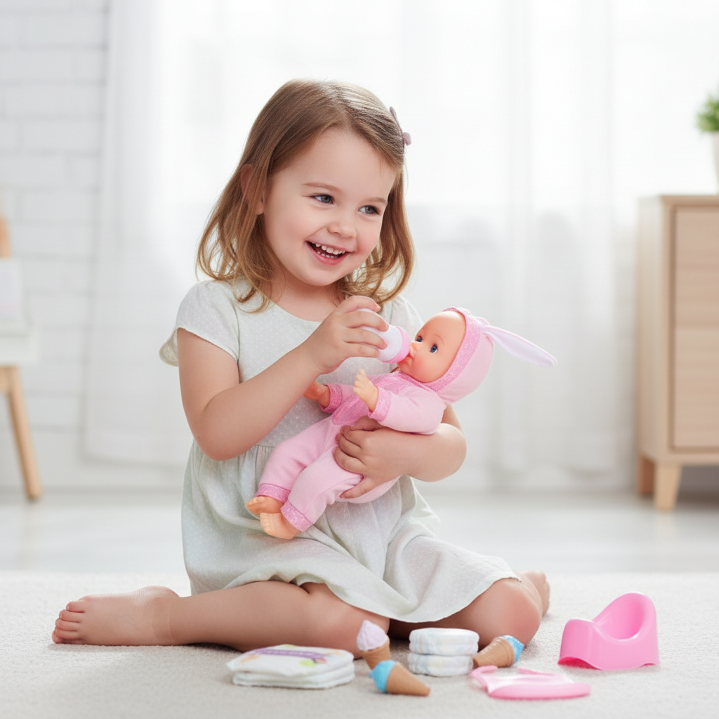 Toy set with baby doll and accessories in packaging, including dimensions and product details.
