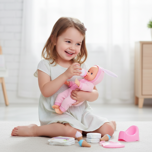 Toy set with baby doll and accessories in packaging, including dimensions and product details.