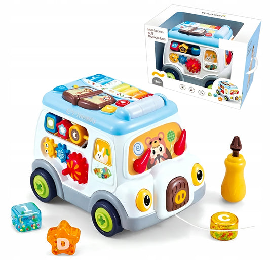 6-in-1 Interactive Educational Bus – Shape Sorter + Musical Piano + Pull-Along Toy with Lights & Sounds (18M+) | 31.5cm