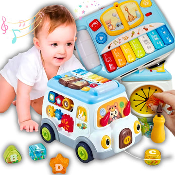 6-in-1 Interactive Educational Bus – Shape Sorter + Musical Piano + Pull-Along Toy with Lights & Sounds (18M+) | 31.5cm