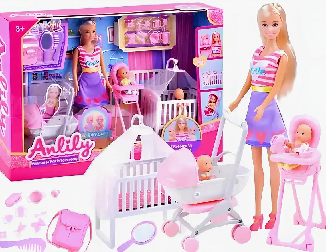 Barbie doll and baby playset with crib, high chair, and toys in front of Aunty toy box packaging.