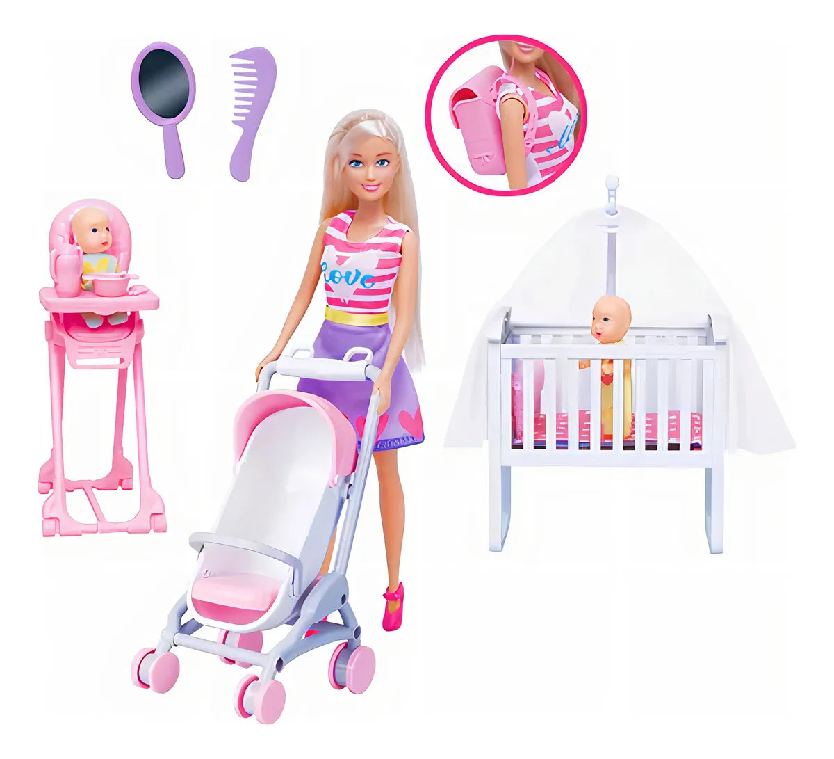 Barbie doll with baby accessories including a high chair, crib, and stroller 