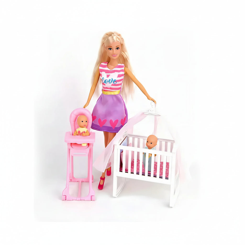 Barbie doll with baby high chair and crib on a white background