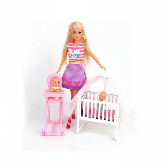 Barbie doll with baby high chair and crib on a white background