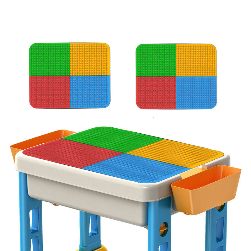 Colorful building block table with multiple blocks on a white background