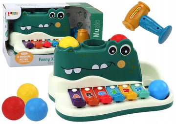 Crocodile Xylophone for Kids – Musical Instrument + Ball Drop & Hammer Play, Numbers & Letters Keys