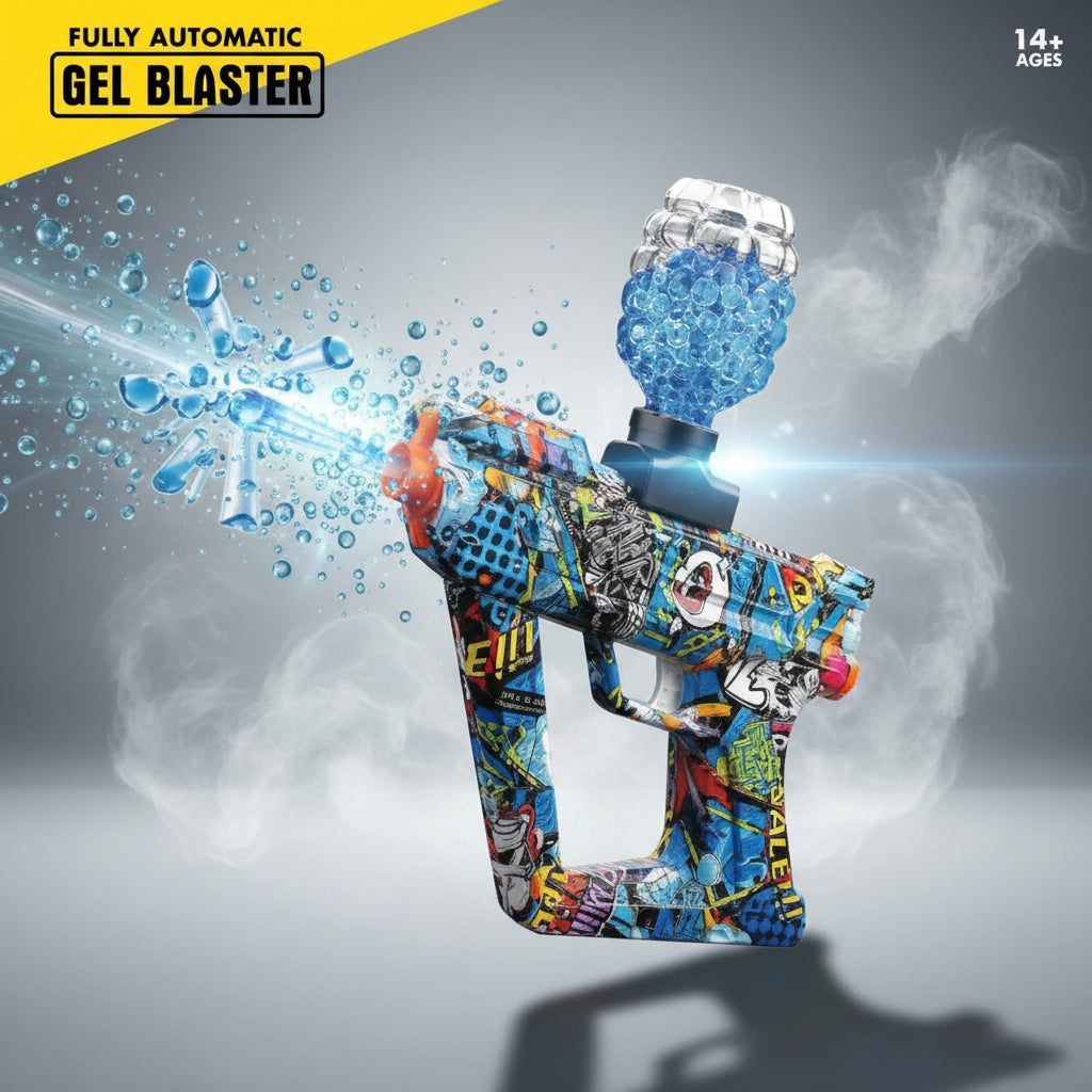 Fully automatic gel blaster with packaging and specifications on a yellow and gray background