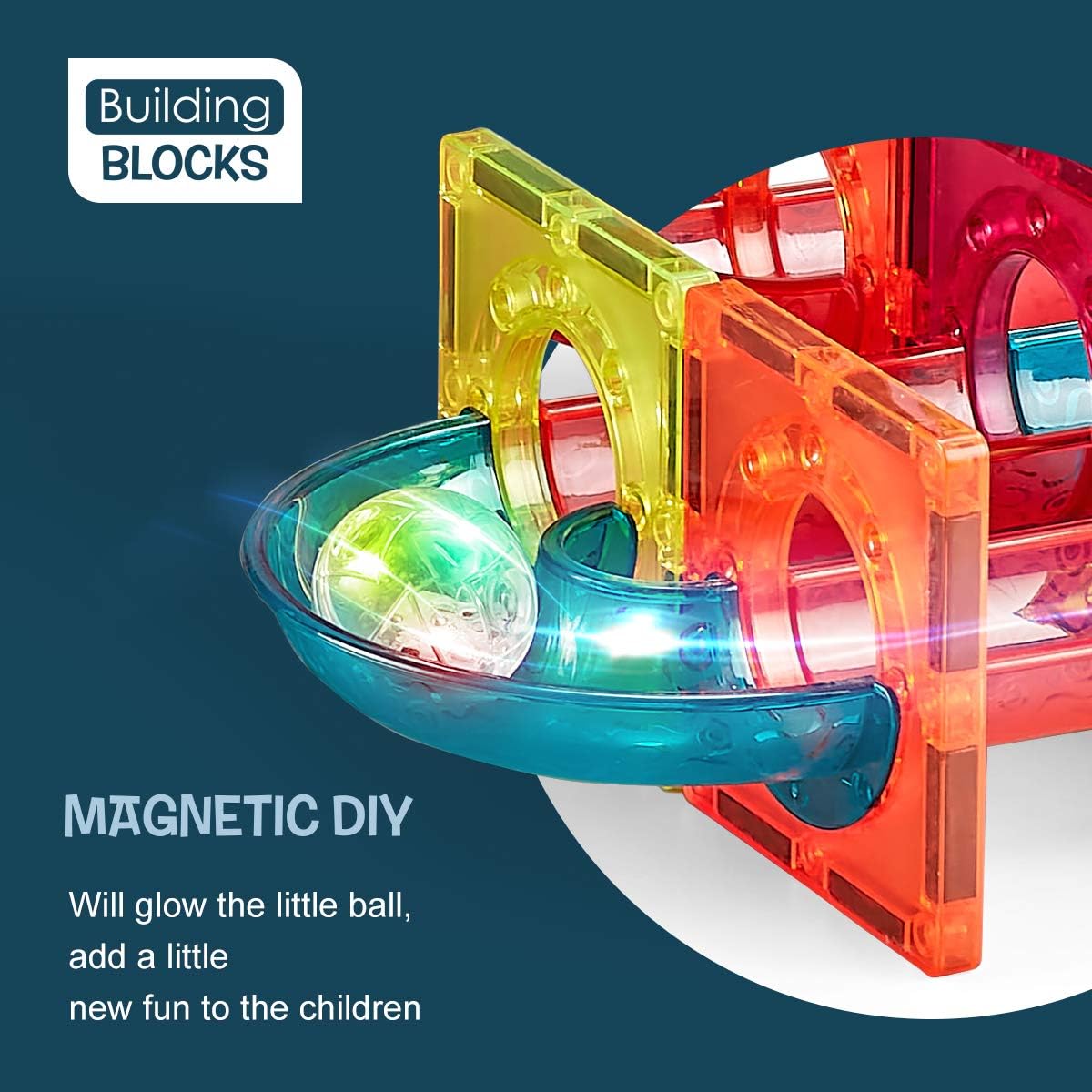 Colorful magnetic building blocks with a glowing ball on a dark blue background