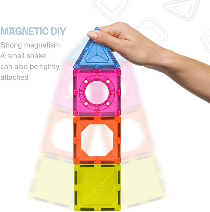 Colorful magnetic building blocks being held by a hand with text about magnetic properties.