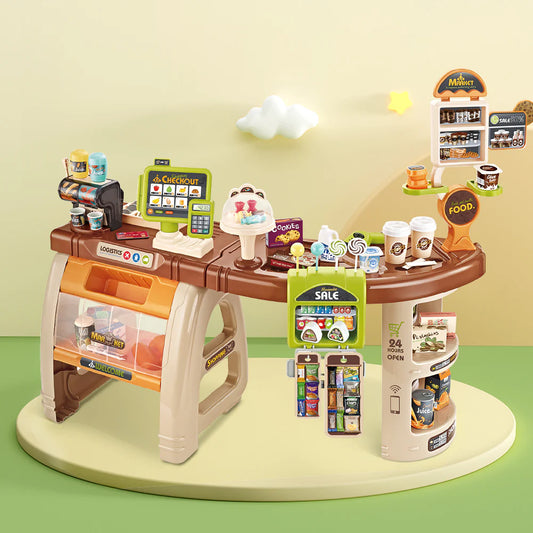 Kids Supermarket Playset (Brown) – 52-Piece Pretend Grocery Shop with Cash Register, Light-Up Scanner & Sound Effects | 81×50×79 cm