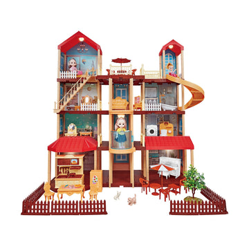 DIY 4-Story Dream Doll House – 407 Pieces Dollhouse Playset with Furniture, Dolls, Elevator, Slides & Balcony (70×51×91 cm) for Kids 3+