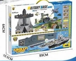 Toy military base set with vehicles and structures on a blue background