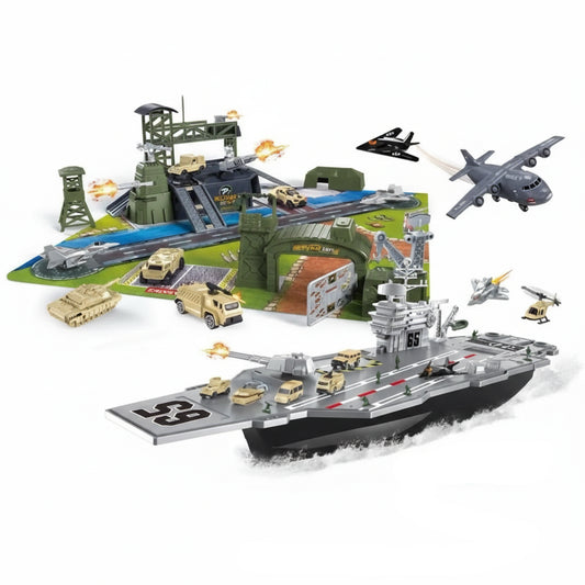 Toy military base set with vehicles and structures on a blue background