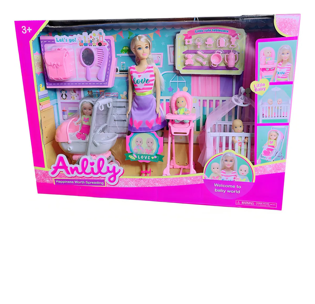 Toy set packaging with dolls and furniture, featuring the brand 'Anlily'.