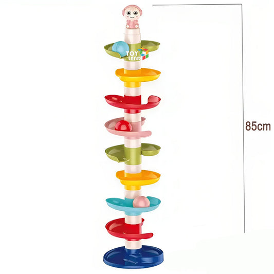 Colorful toy stack with multiple levels on a white background, featuring the Toy Land brand.