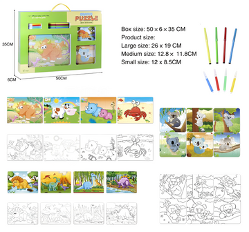 Kids Puzzle & Coloring Set – Animal and Dinosaur Jigsaw Board Game with Markers (Multi-Piece Box Set)