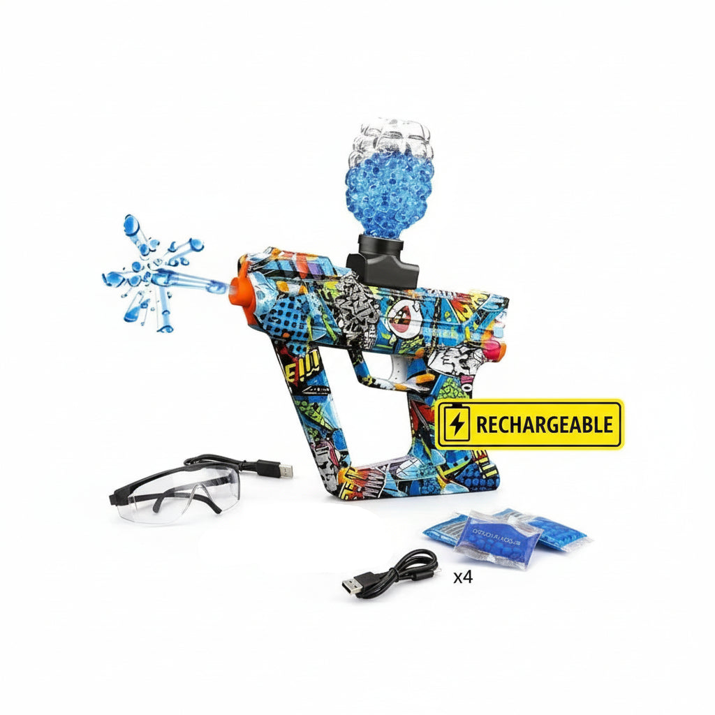Colorful gel blaster with packaging on a white background