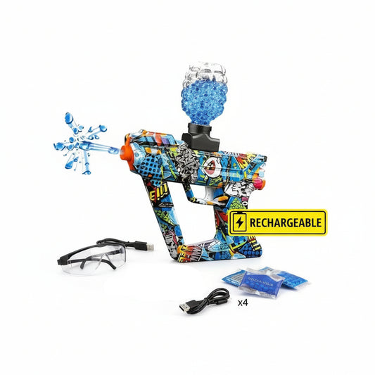 Colorful gel blaster with packaging on a white background