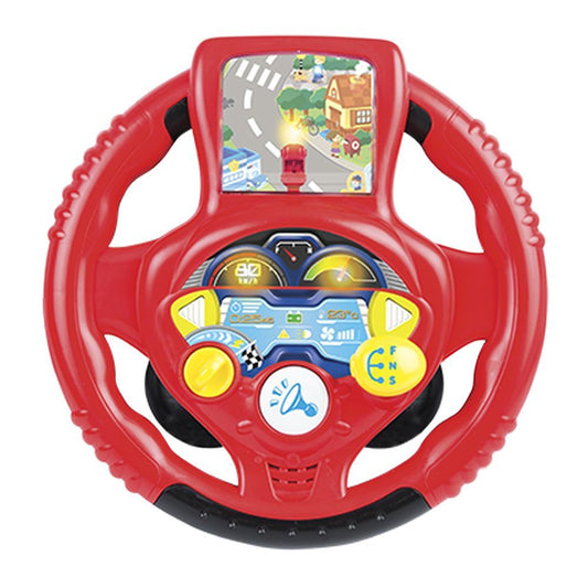 Red toy steering wheel with colorful buttons and a small screen on a white background