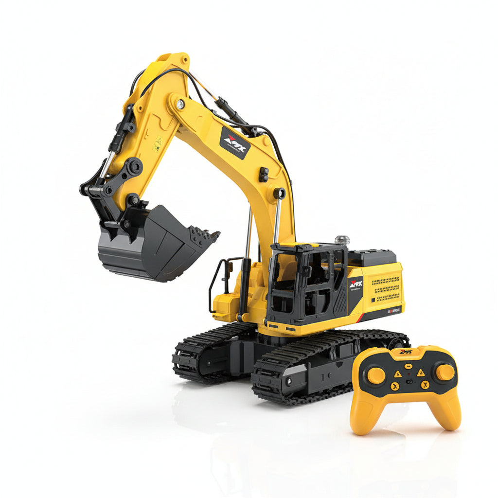 Toy excavator with packaging, remote control, and specifications on a white background