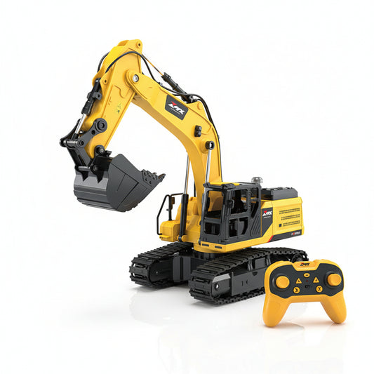 Toy excavator with packaging, remote control, and specifications on a white background