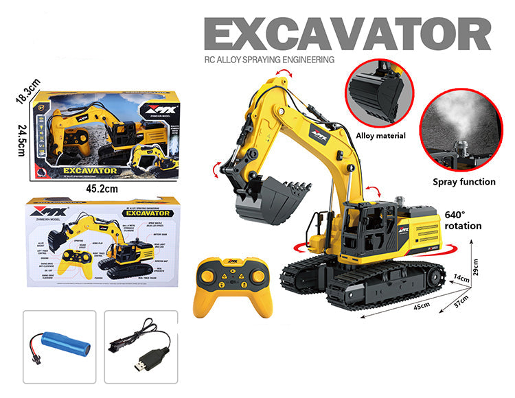 Toy excavator with packaging, remote control, and specifications on a white background