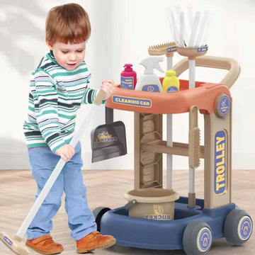 Kids Cleaning Trolley Set – 35-Piece Pretend Play Cleaning Cart with Mop, Bucket, Broom & Dustpan + Spray Bottle & Accessories (Age 3+)