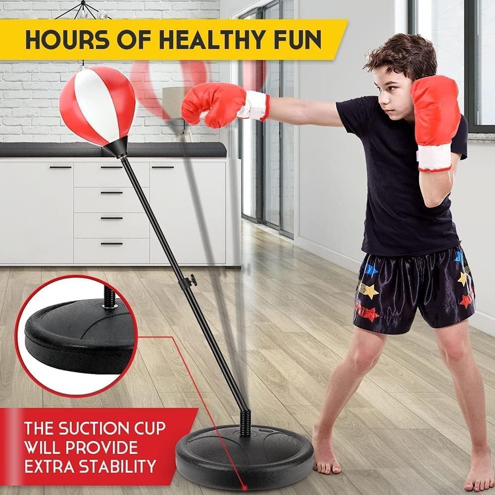 Child wearing boxing gloves hitting a punching bag with text about hours of healthy fun and suction cup stability.