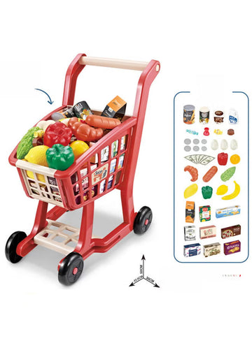 Kids Supermarket Shopping Cart Playset – Pretend Play Grocery Cart with Light & Music + Fruits & Vegetables