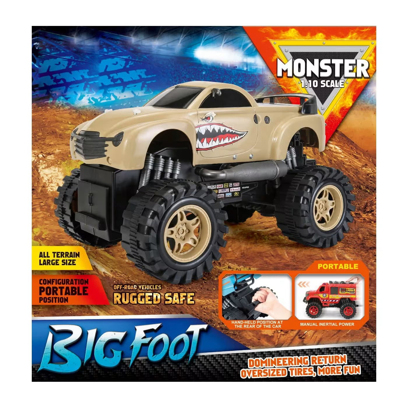 Toy monster truck packaging with 'Big Foot' branding on a dynamic background