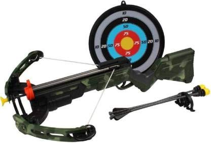 Camo crossbow with attached target on a white background