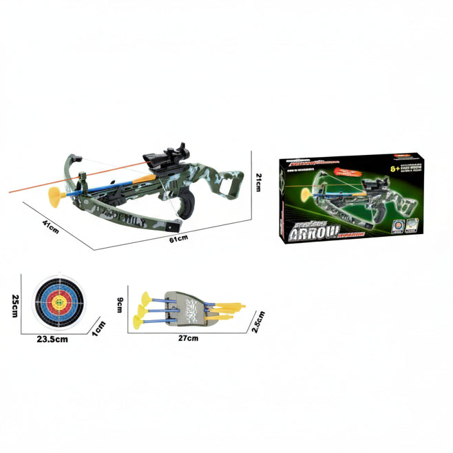 Toy crossbow set with measurements and packaging on a white background